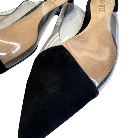 Schutz ‘Annalise’ Black Suede and Clear PVC Mules Falts Slides Size 6 - Picture 2 of 6